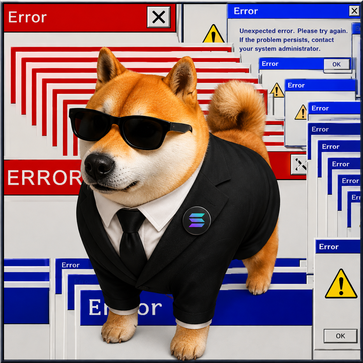 A Shiba Inu in a black suit and sunglasses, composed amid a collage of retro Windows error dialogs